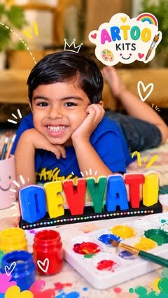 Smiling boy behind a bright DEVYATI name stand with paint pots